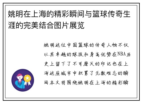 姚明在上海的精彩瞬间与篮球传奇生涯的完美结合图片展览